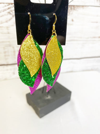 Mardi Gras Faux Leather Dangle Earrings: Purple, Gold, and Green