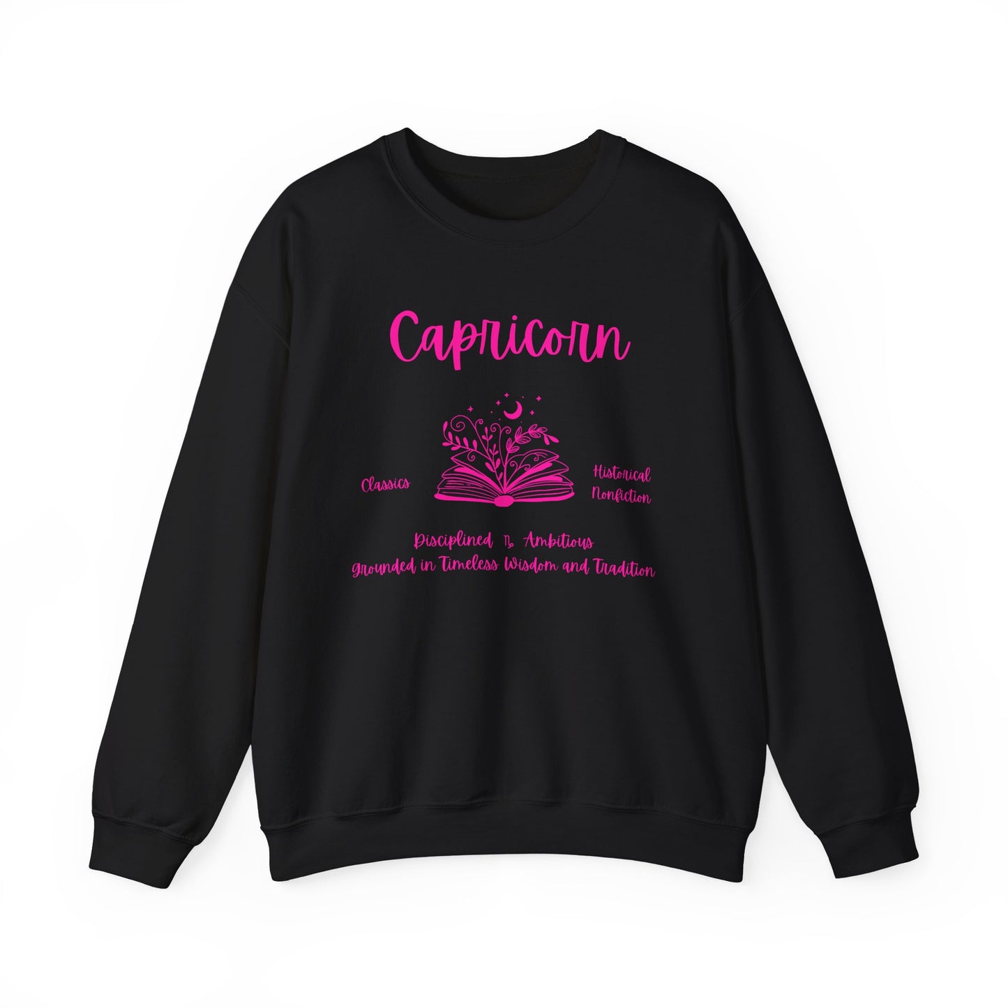 Capricorn Book Lover Sweatshirt,  Black, White or Light Pink,  Bright Pink Design