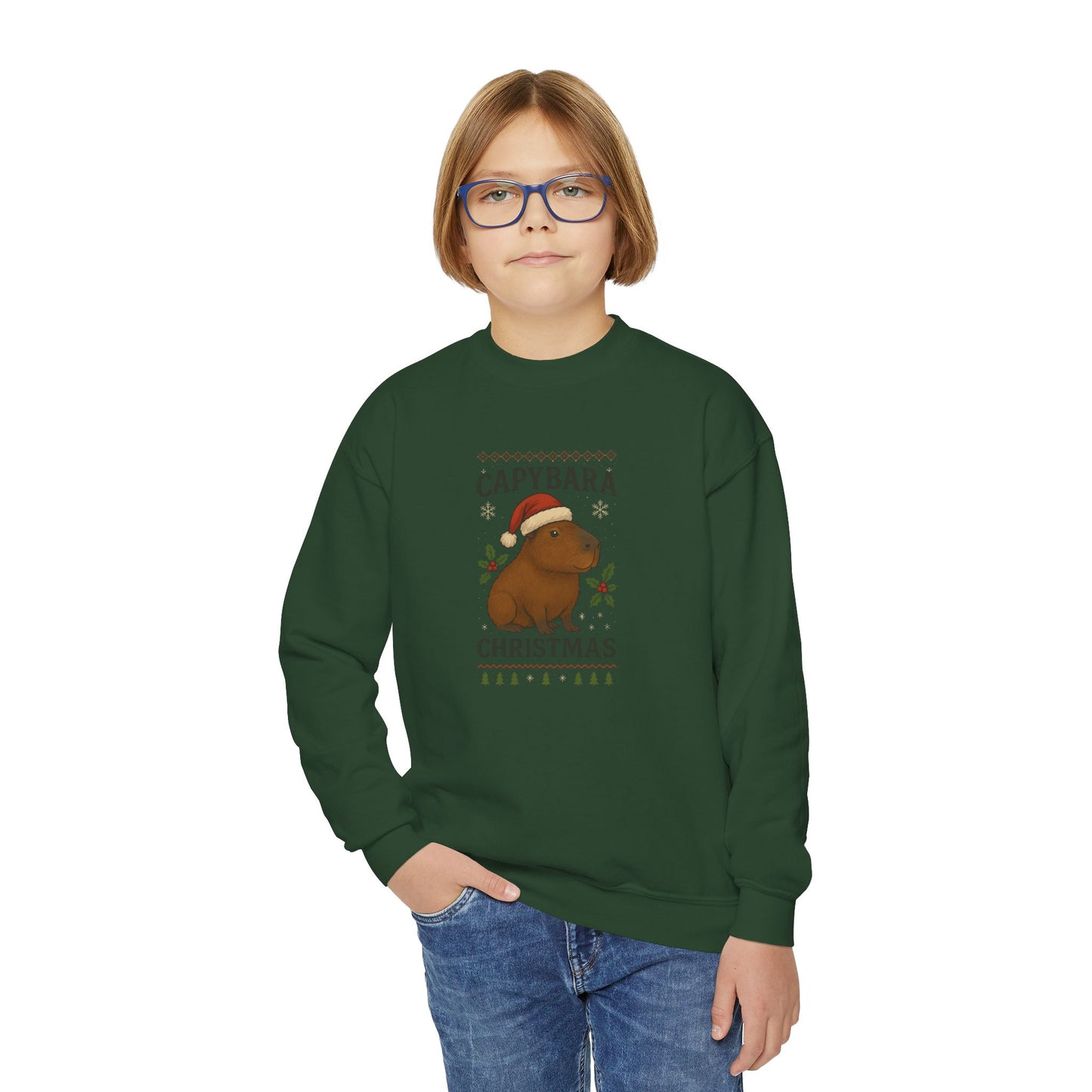 Capybara Christmas Youth Sweatshirt | Cute Animal Holiday Sweater | Kids Cozy Winter Pullover | Funny Christmas Gift for Boys & Girls