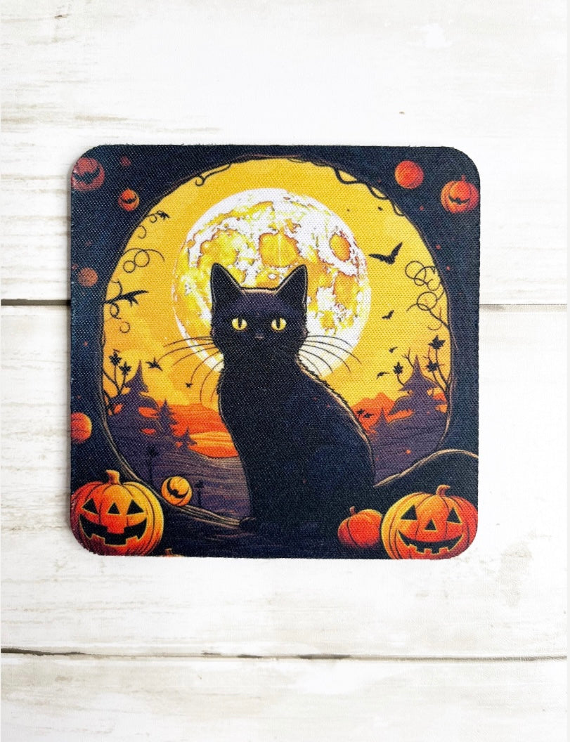 Halloween Black Cat Neoprene Coaster Set – Set of 4 – Spooky Cat Coasters – Halloween Home Décor – 4 Inch Absorbent Drink Coasters