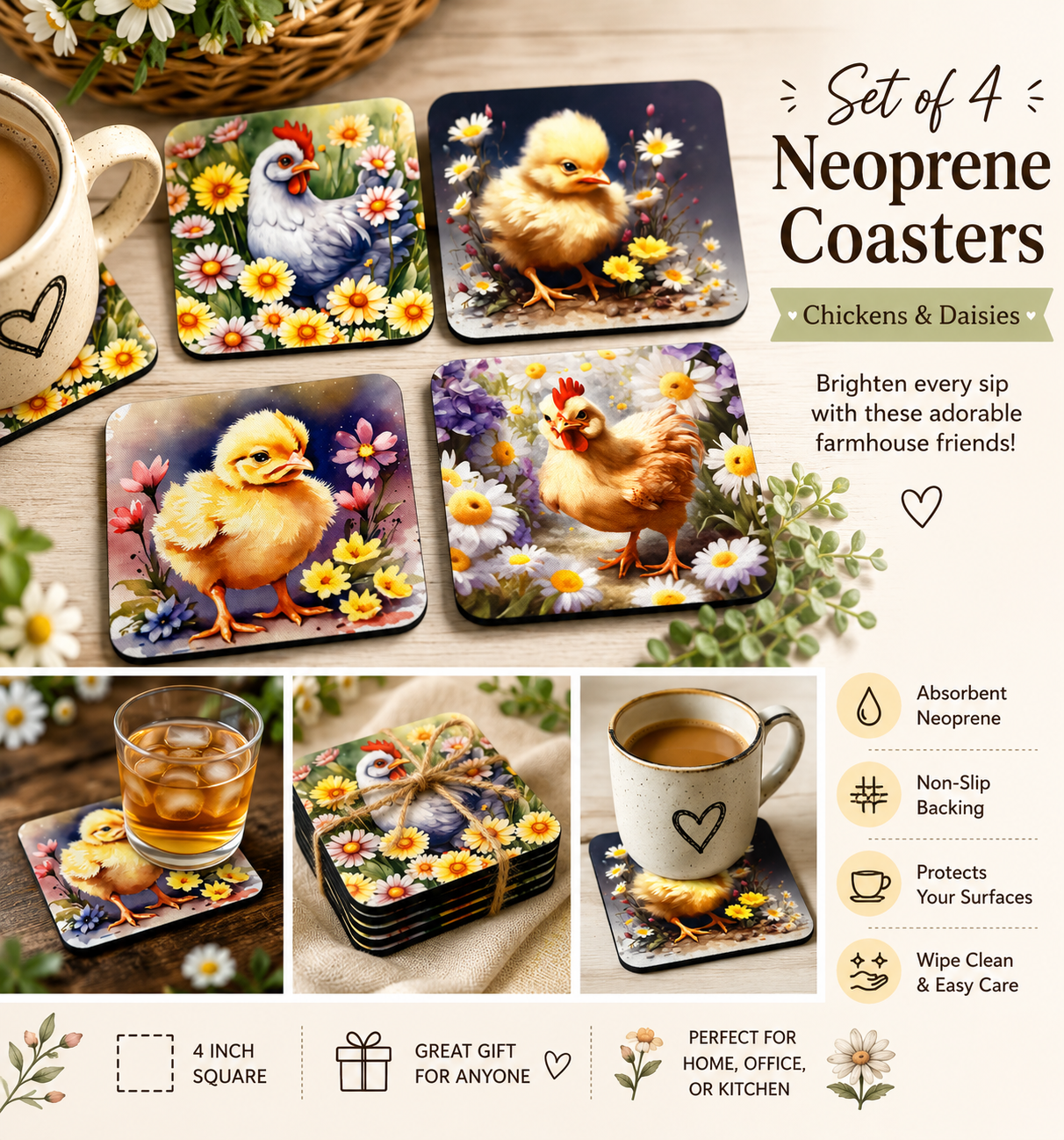 Chicken & Chick Neoprene Coaster Set – Set of 4 Farmhouse Drink Coasters – Chicken Lover Gift – 4 Inch Absorbent Coasters