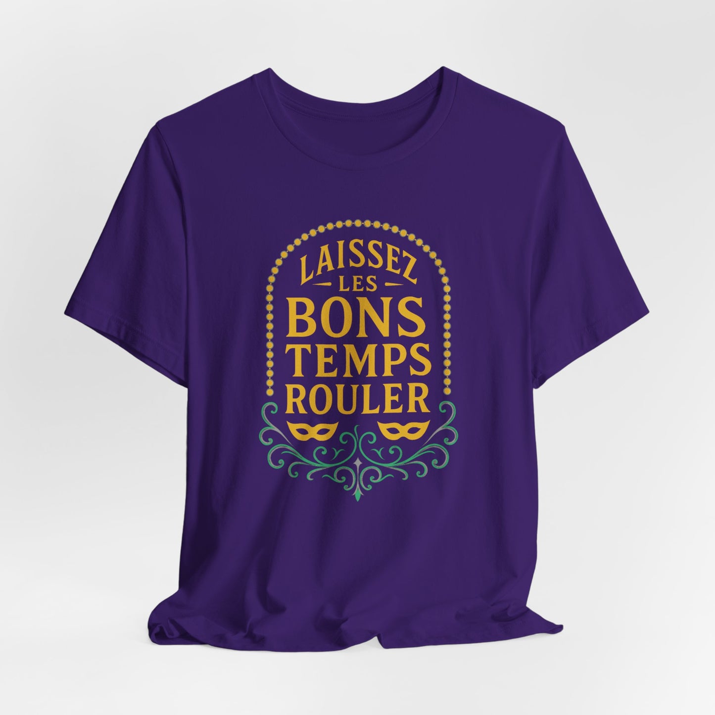 Purple t-shirt with yellow and green text on a white background