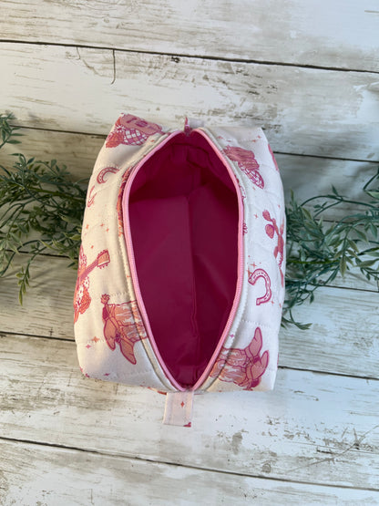 Handmade Boxy Makeup Bags | Quilted Cotton Cosmetic Pouch | Pink Floral & Western Prints | Travel Toiletry Organizer | Gift for Her