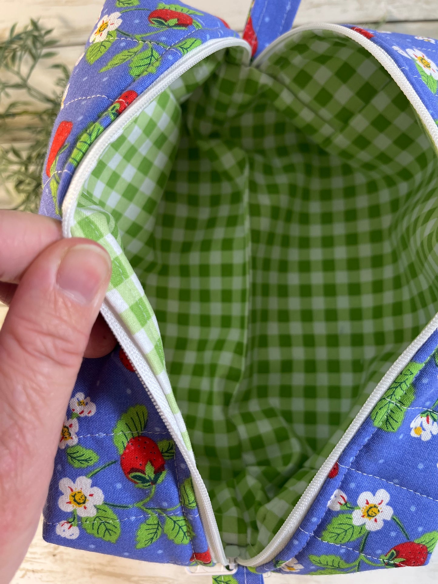 Handmade Boxy Makeup Bags | Quilted Cotton Cosmetic Pouch | Blue Floral, Strawberry, and Paw Prints | Travel Toiletry Organizer | Gift for Her