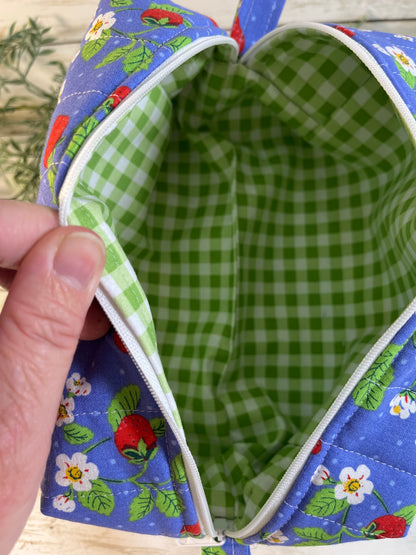 Handmade Boxy Makeup Bags | Quilted Cotton Cosmetic Pouch | Blue Floral, Strawberry, and Paw Prints | Travel Toiletry Organizer | Gift for Her