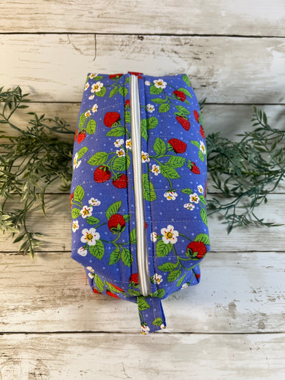 Handmade Boxy Makeup Bags | Quilted Cotton Cosmetic Pouch | Blue Floral, Strawberry, and Paw Prints | Travel Toiletry Organizer | Gift for Her
