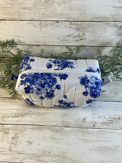 Handmade Boxy Makeup Bags | Quilted Cotton Cosmetic Pouch | Blue Floral, Strawberry, and Paw Prints | Travel Toiletry Organizer | Gift for Her