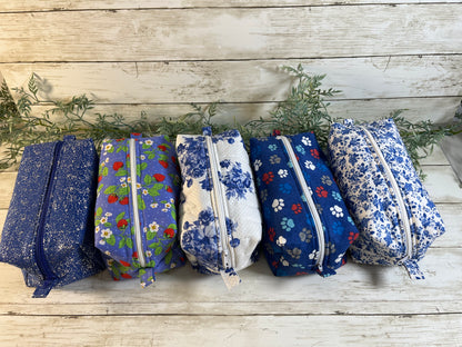 Handmade Boxy Makeup Bags | Quilted Cotton Cosmetic Pouch | Blue Floral, Strawberry, and Paw Prints | Travel Toiletry Organizer | Gift for Her