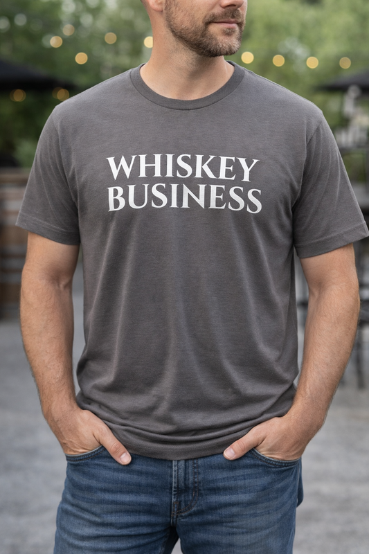Charcoal grey short sleeve cotton shirt with the words whiskey business printed on front chest