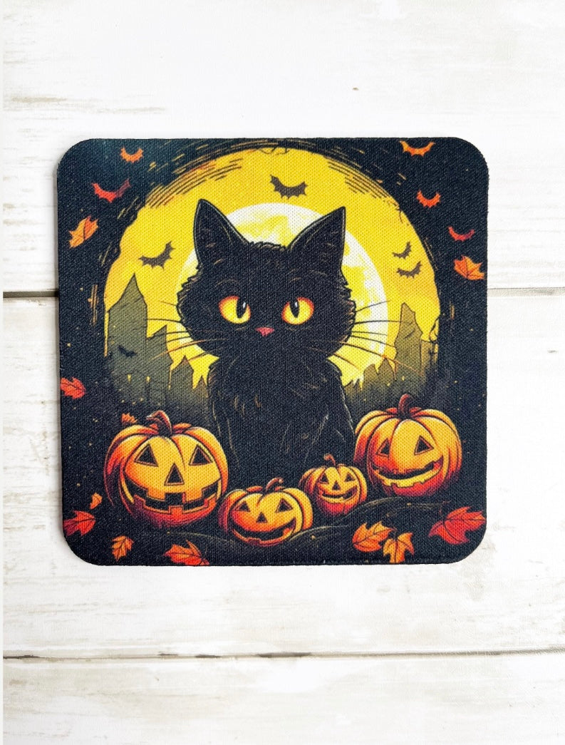 Halloween Black Cat Neoprene Coaster Set – Set of 4 – Spooky Cat Coasters – Halloween Home Décor – 4 Inch Absorbent Drink Coasters