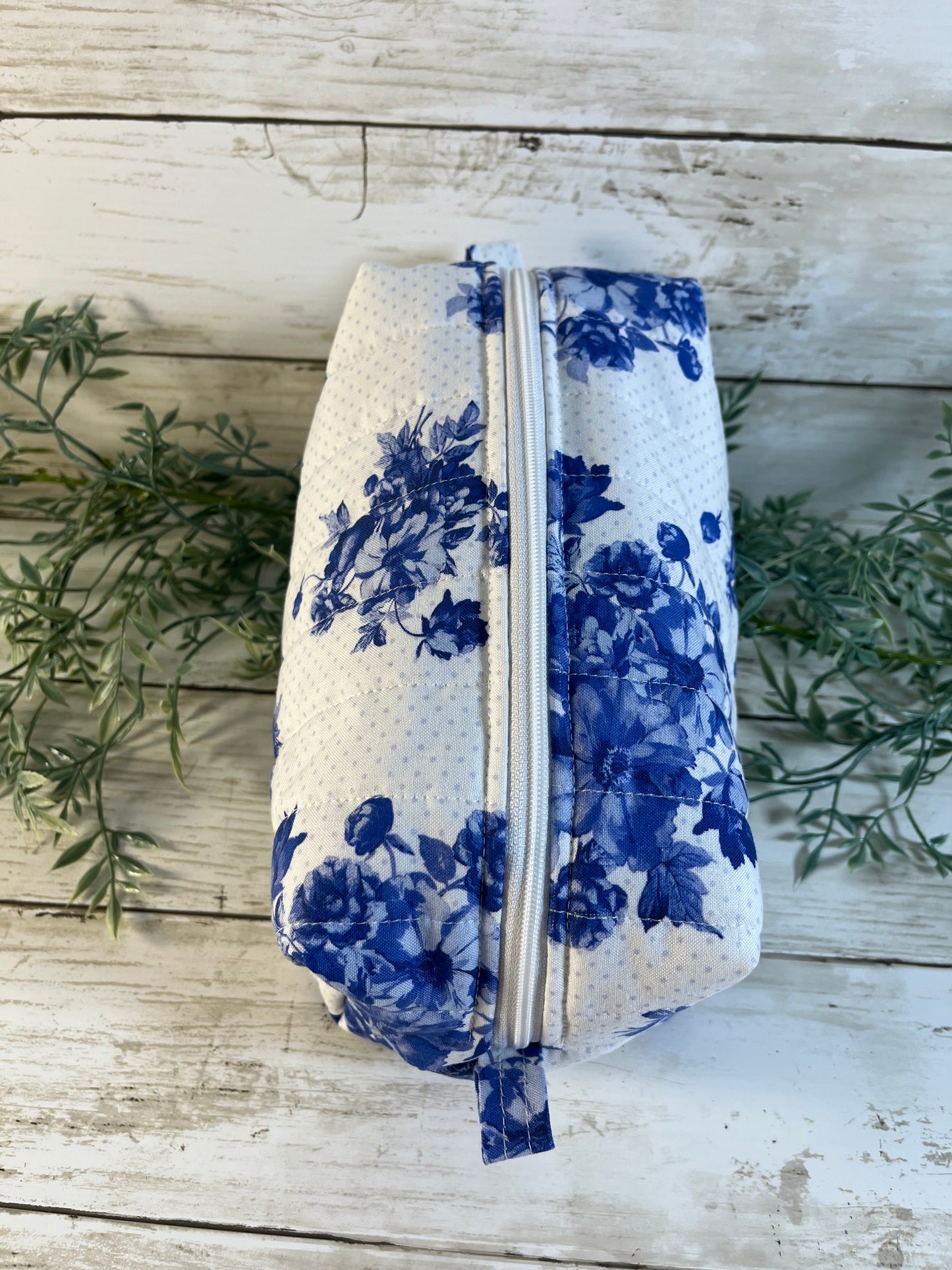 Handmade Boxy Makeup Bags | Quilted Cotton Cosmetic Pouch | Blue Floral, Strawberry, and Paw Prints | Travel Toiletry Organizer | Gift for Her