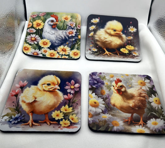 Chicken & Chick Neoprene Coaster Set – Set of 4 Farmhouse Drink Coasters – Chicken Lover Gift – 4 Inch Absorbent Coasters