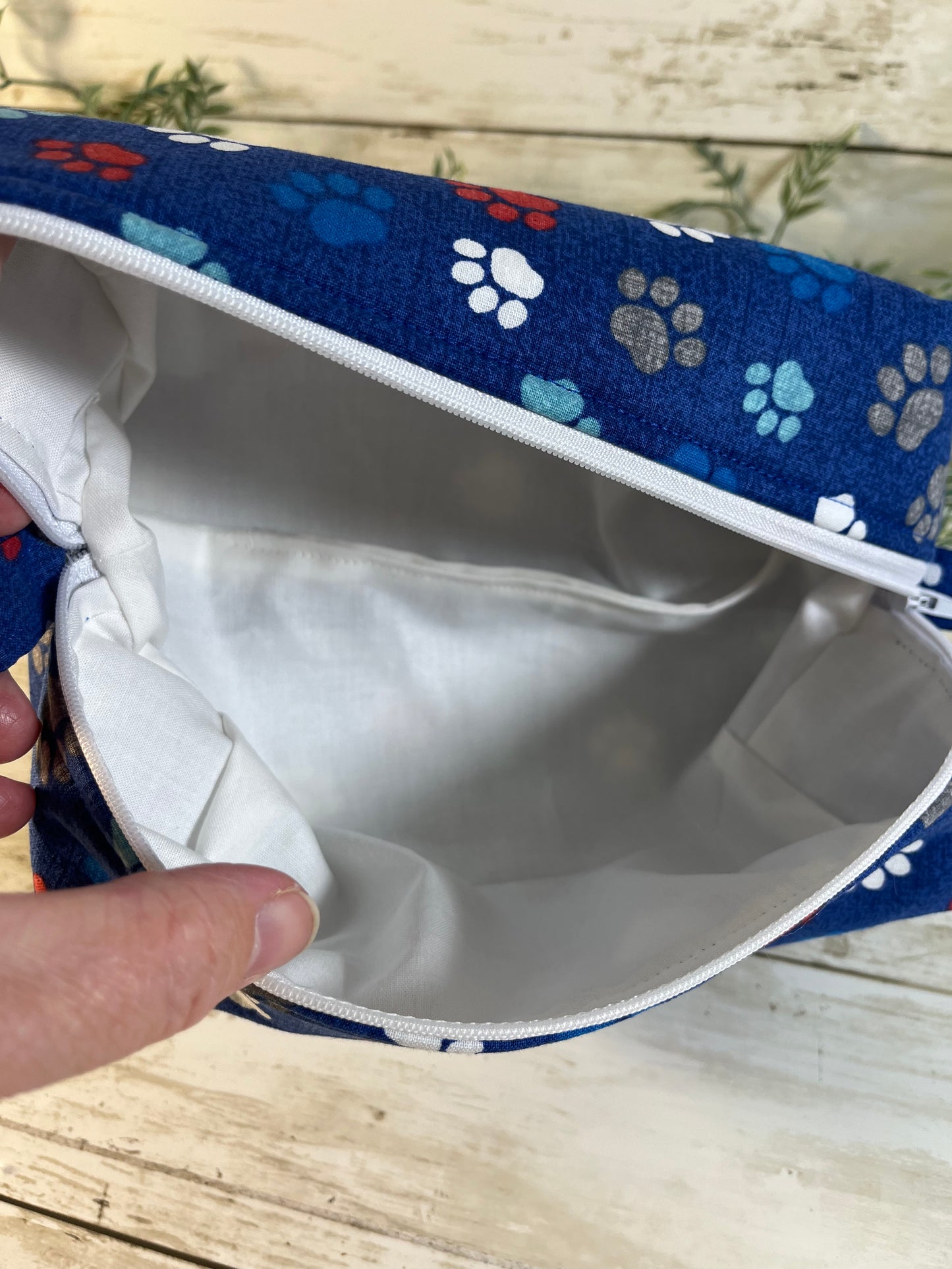 Handmade Boxy Makeup Bags | Quilted Cotton Cosmetic Pouch | Blue Floral, Strawberry, and Paw Prints | Travel Toiletry Organizer | Gift for Her