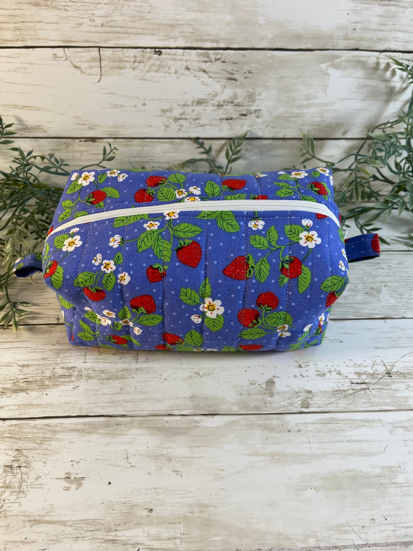 Handmade Boxy Makeup Bags | Quilted Cotton Cosmetic Pouch | Blue Floral, Strawberry, and Paw Prints | Travel Toiletry Organizer | Gift for Her