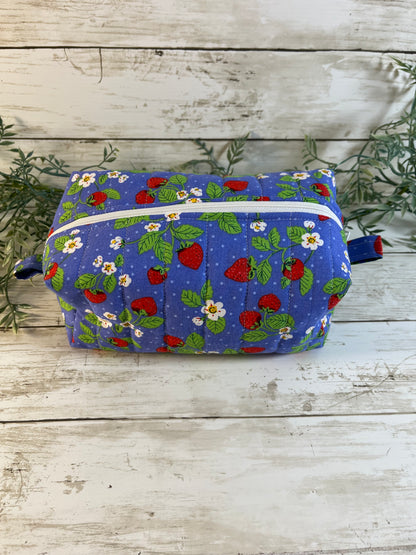 Handmade Boxy Makeup Bags | Quilted Cotton Cosmetic Pouch | Blue Floral, Strawberry, and Paw Prints | Travel Toiletry Organizer | Gift for Her