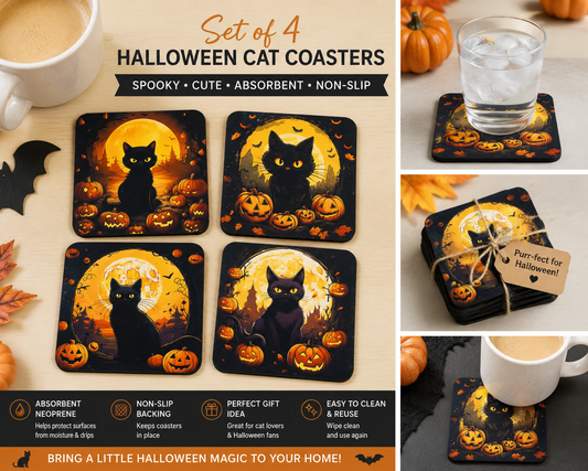 Halloween Black Cat Neoprene Coaster Set – Set of 4 – Spooky Cat Coasters – Halloween Home Décor – 4 Inch Absorbent Drink Coasters