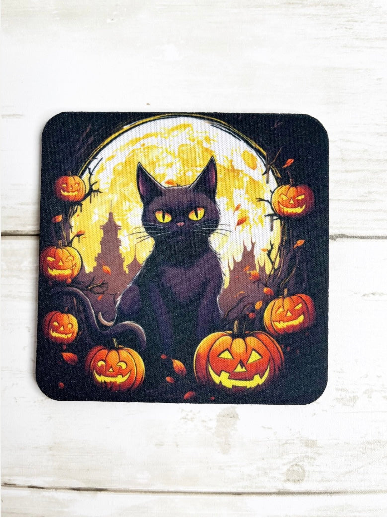 Halloween Black Cat Neoprene Coaster Set – Set of 4 – Spooky Cat Coasters – Halloween Home Décor – 4 Inch Absorbent Drink Coasters