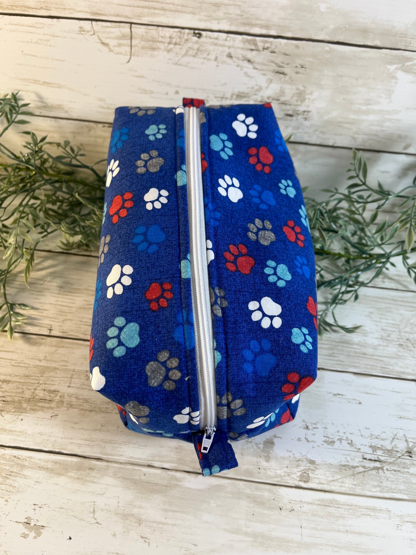 Handmade Boxy Makeup Bags | Quilted Cotton Cosmetic Pouch | Blue Floral, Strawberry, and Paw Prints | Travel Toiletry Organizer | Gift for Her