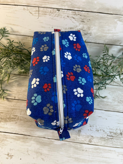 Handmade Boxy Makeup Bags | Quilted Cotton Cosmetic Pouch | Blue Floral, Strawberry, and Paw Prints | Travel Toiletry Organizer | Gift for Her