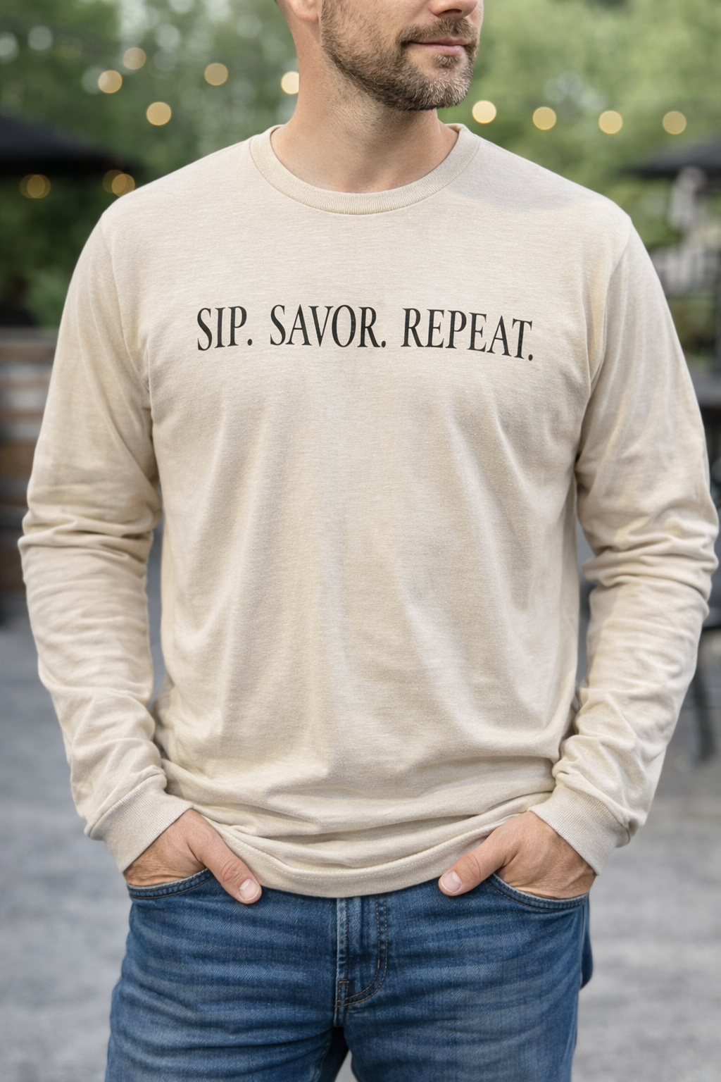 long sleeve crew neck cotton shirt, oatmeal color. with sip.savor.repeat on chest