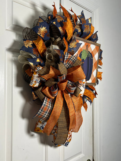 Fall Wreath, Blue, Orange, and Copper