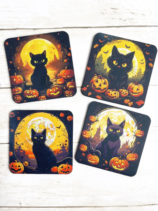 Black Cat Halloween Coasters: Neoprene Drink Coasters, Set of 4