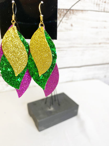 Mardi Gras Faux Leather Dangle Earrings: Purple, Gold, and Green