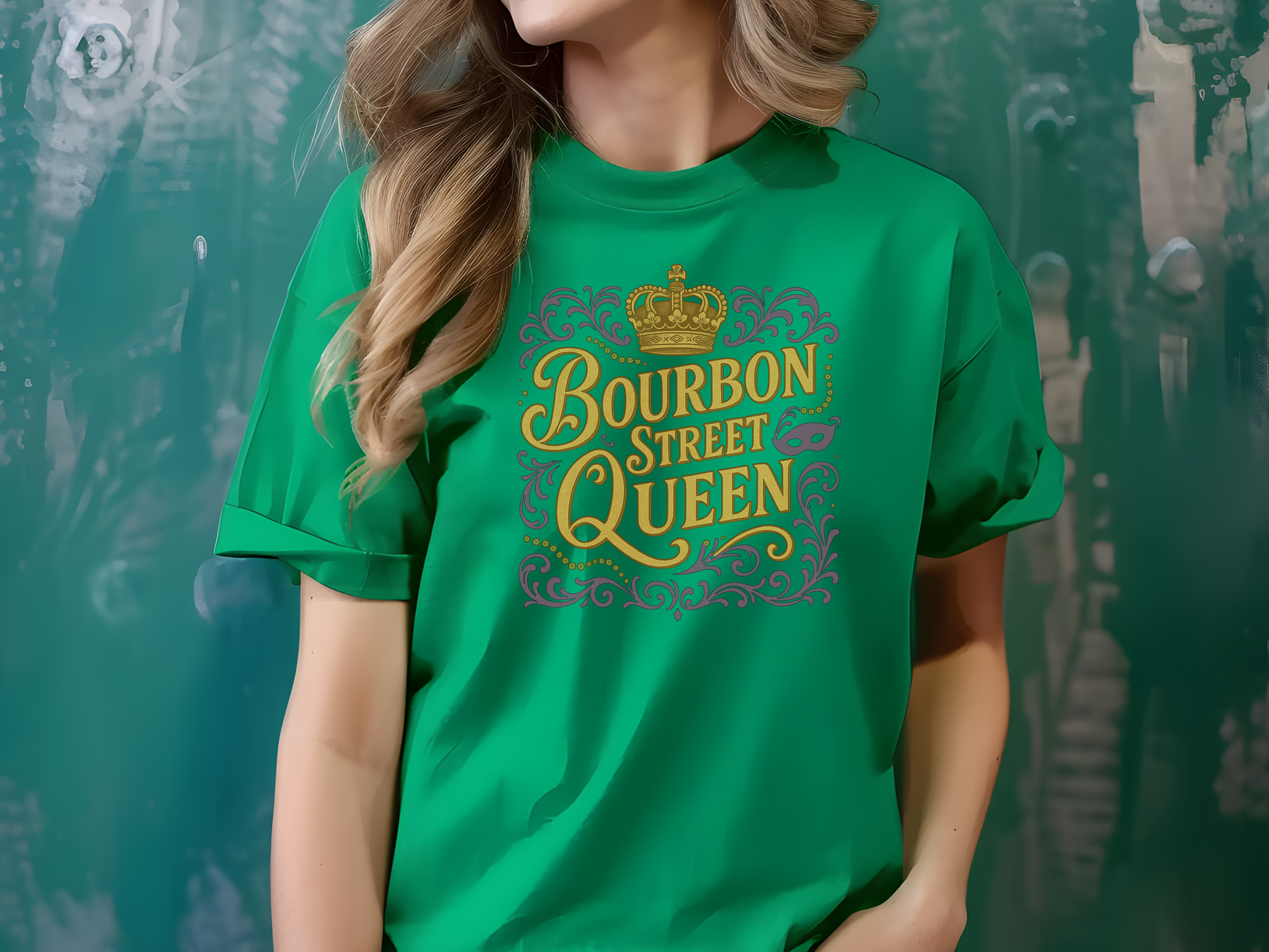 Person wearing a green t-shirt with 'Bourbon Street Queen' text against a textured green background