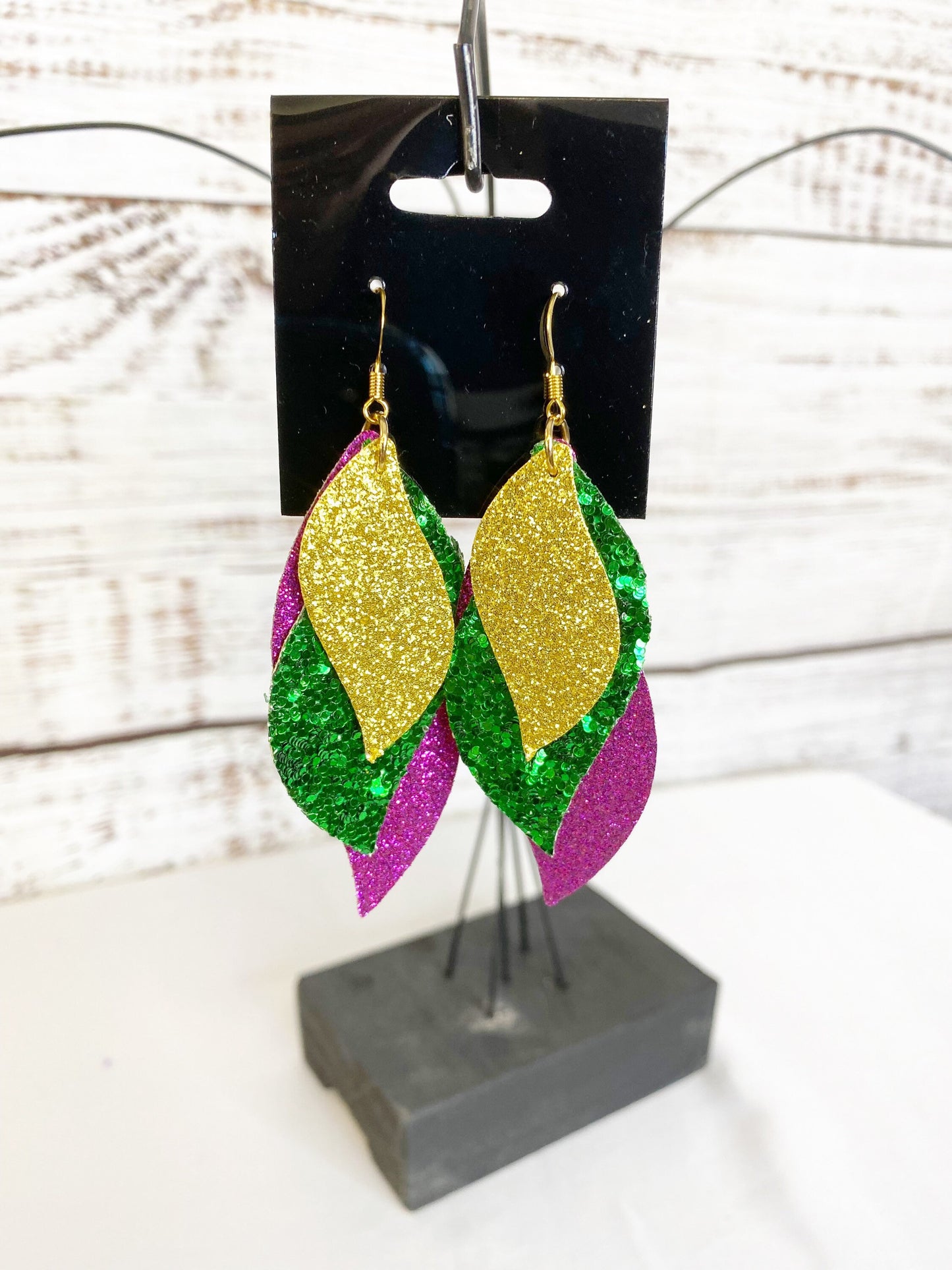 Mardi Gras Faux Leather Dangle Earrings: Purple, Gold, and Green