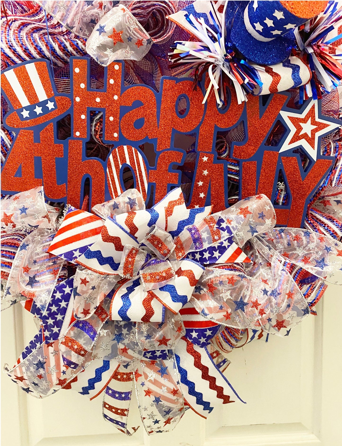 Decorative wreath with 'Happy 4th of July' text and patriotic colors on a white background