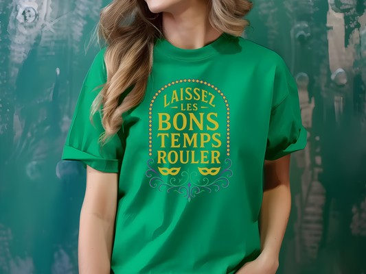 Person wearing a green t-shirt with yellow text against a textured green background