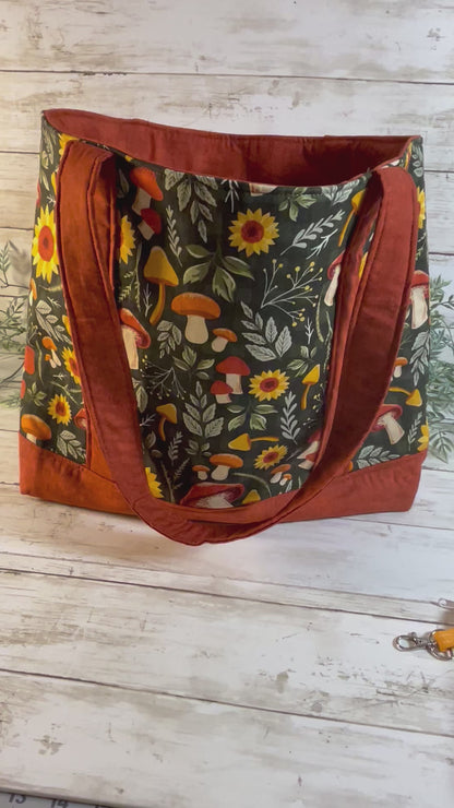 Handmade Mushroom and Sunflower Tote Bag – Autumn Floral Cotton Bag with Inner Pocket, 12” Handle Drop, Fall Botanical Reusable Market Tote