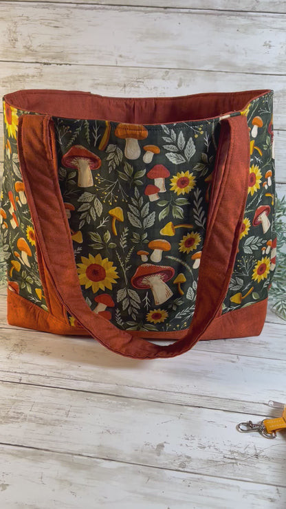 Handmade Mushroom and Sunflower Tote Bag – Autumn Floral Cotton Bag with Inner Pocket, 12” Handle Drop, Fall Botanical Reusable Market Tote