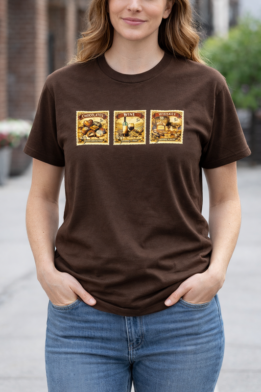 Brown short sleeve shirt with three vintage stamp theme graphics on front chest representing whiskey, wine and chocolate